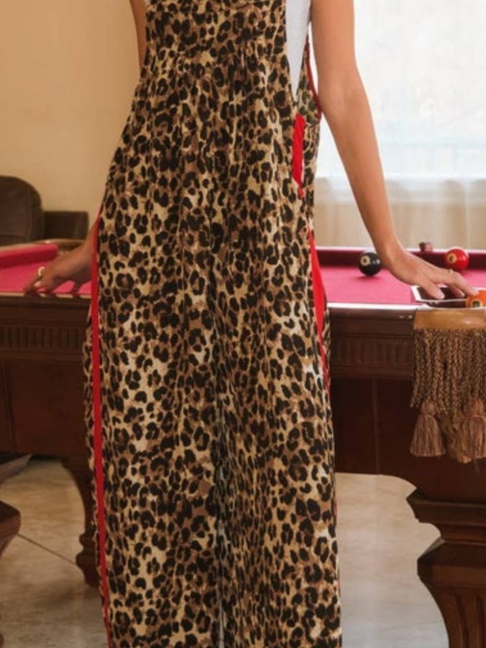 Leopard Print Wide-Leg Jumpsuit with Red Side Stripe